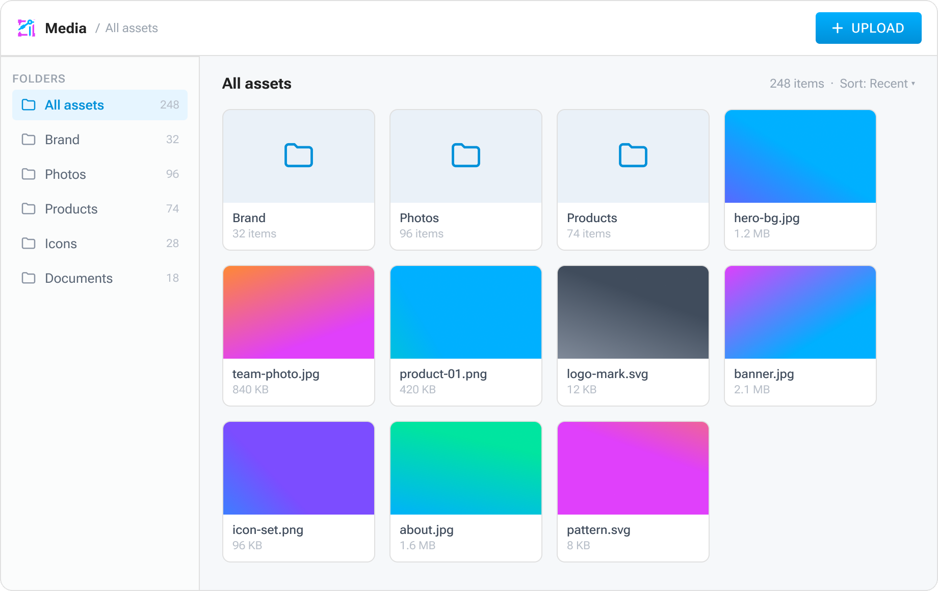 Aglyn media library grid with folders and tagged assets