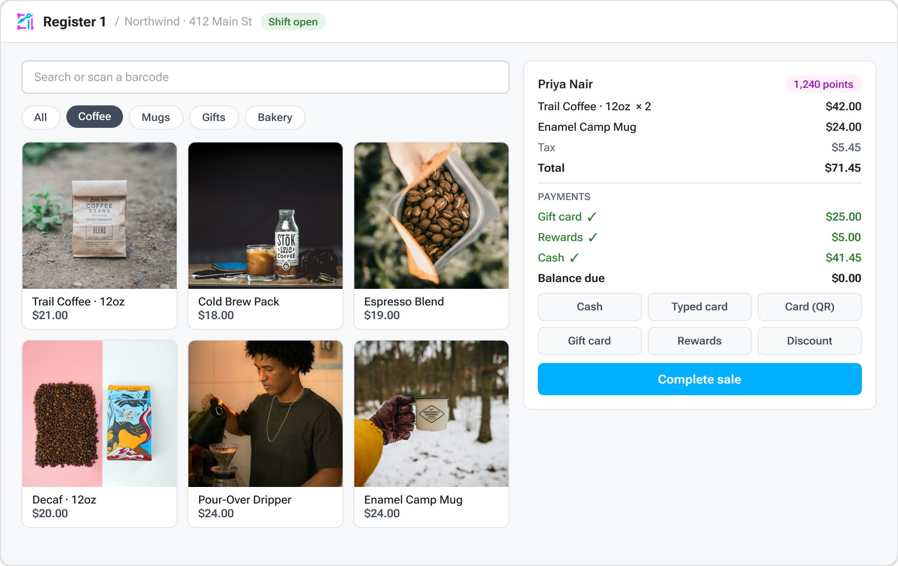 Aglyn POS register with a product grid, a rewards customer and one sale split across gift card, rewards and cash