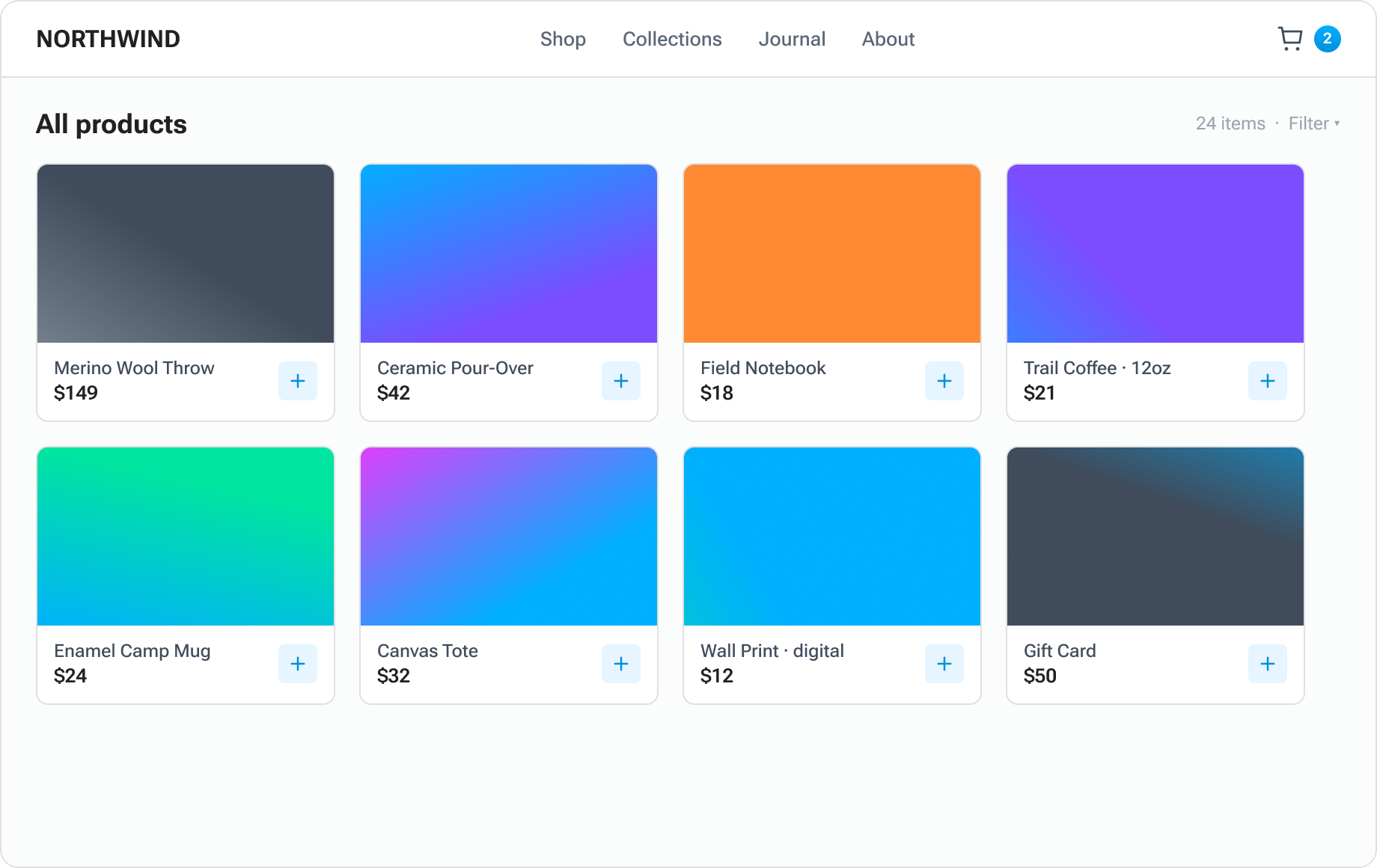 Aglyn commerce storefront with product grid and checkout