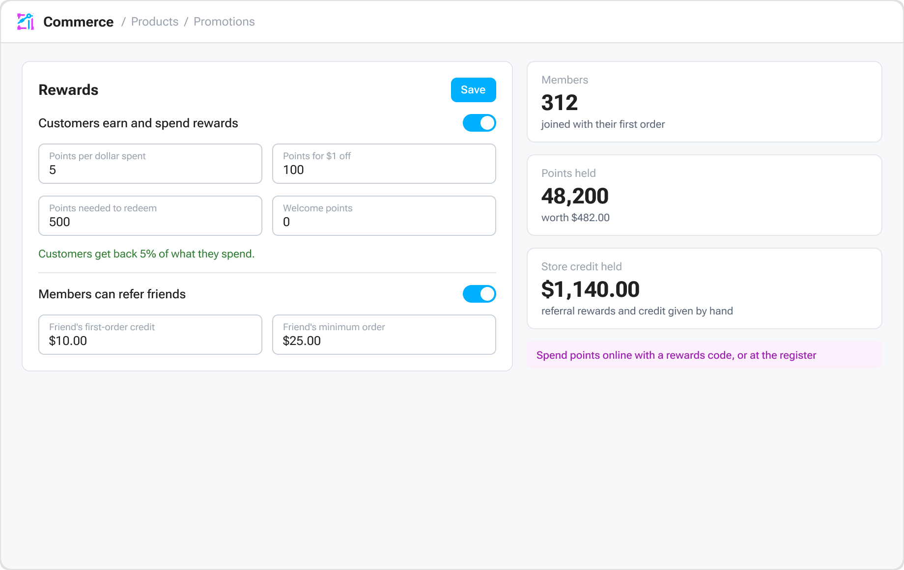 Aglyn rewards settings with points per dollar, welcome points and referral credit beside member and points totals