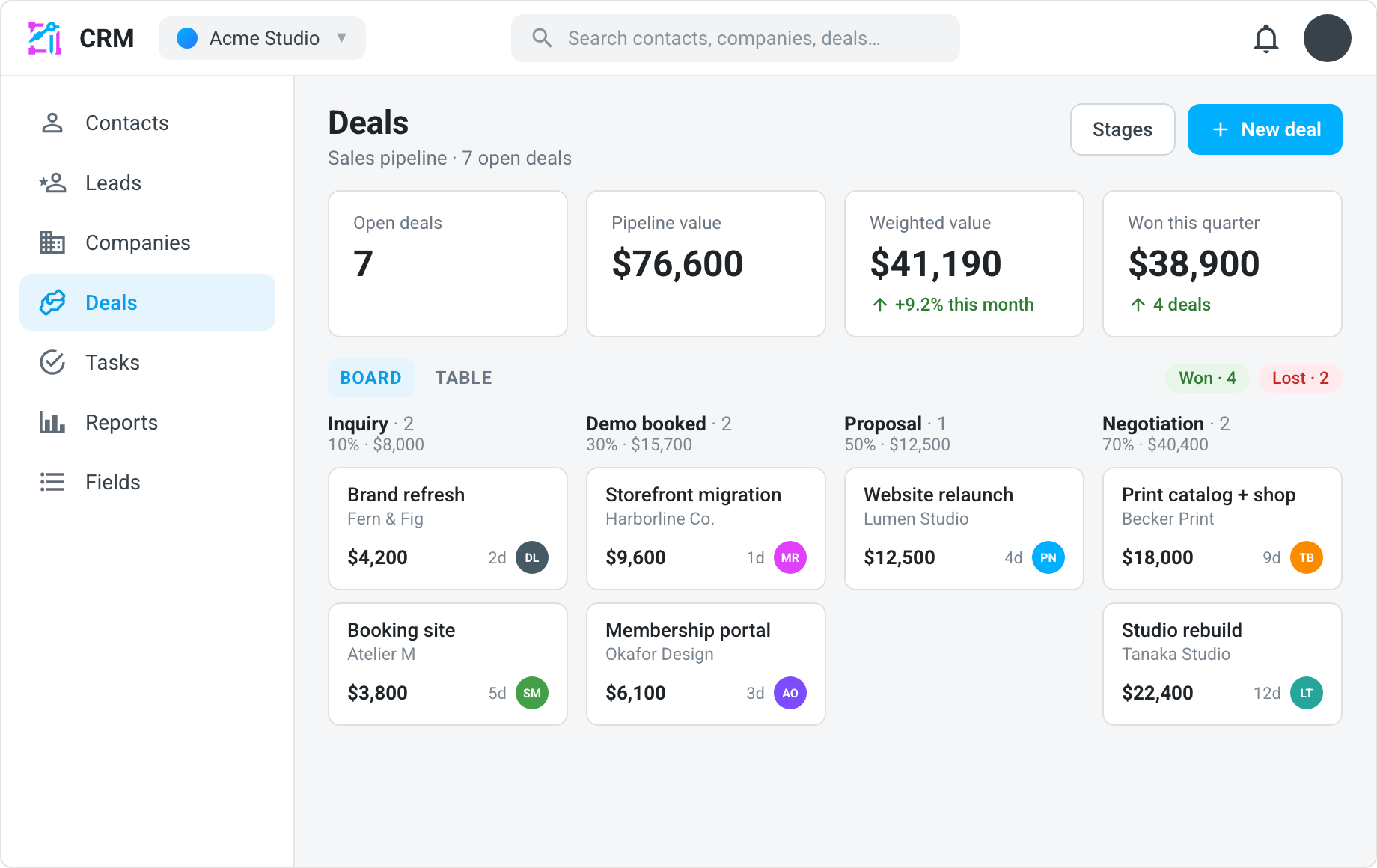 Aglyn CRM deals board