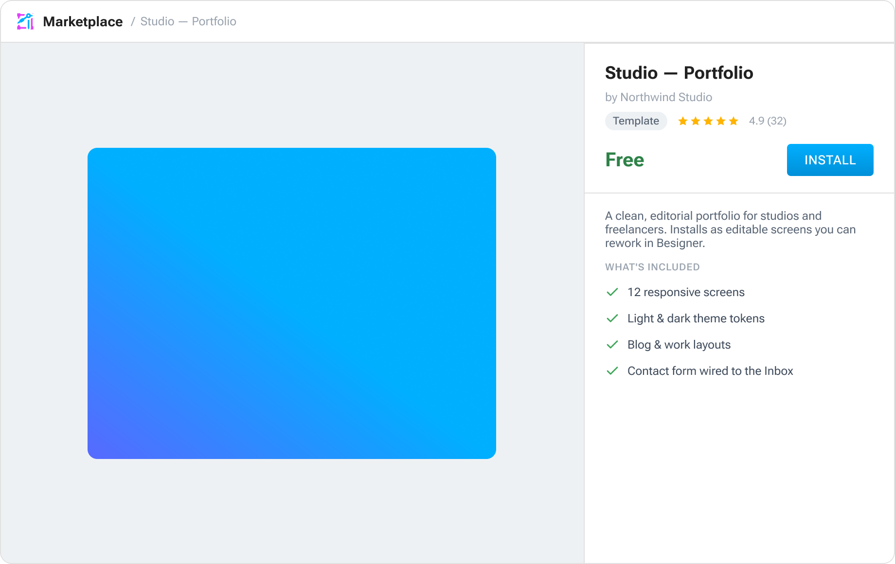 Aglyn marketplace template listing with install