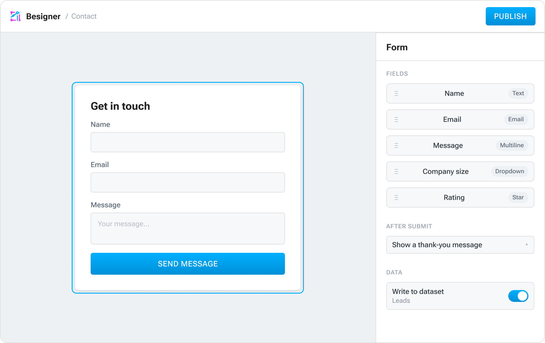 Aglyn form builder with fields and after-submit actions