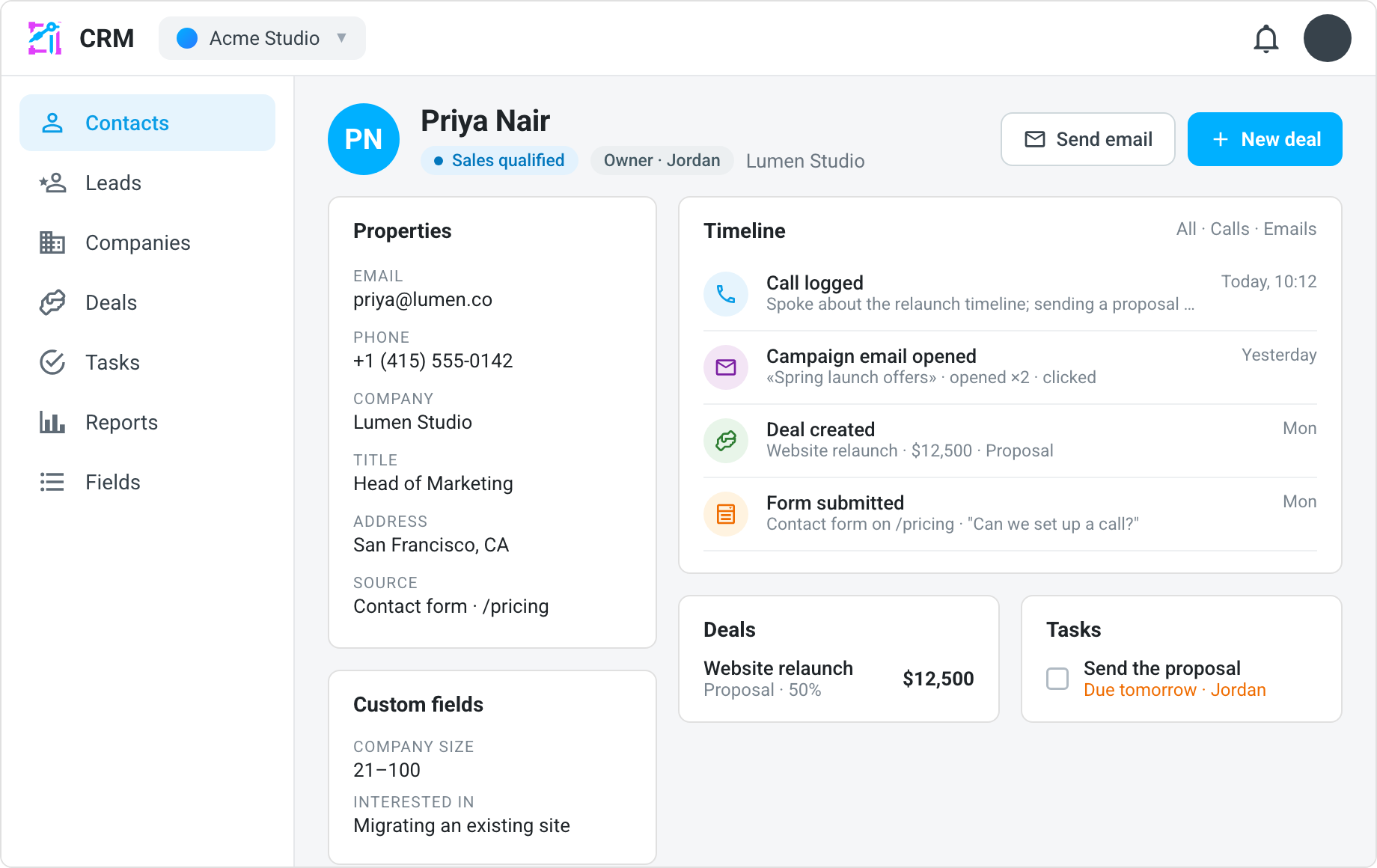 Aglyn CRM contact record — approved product screenshot