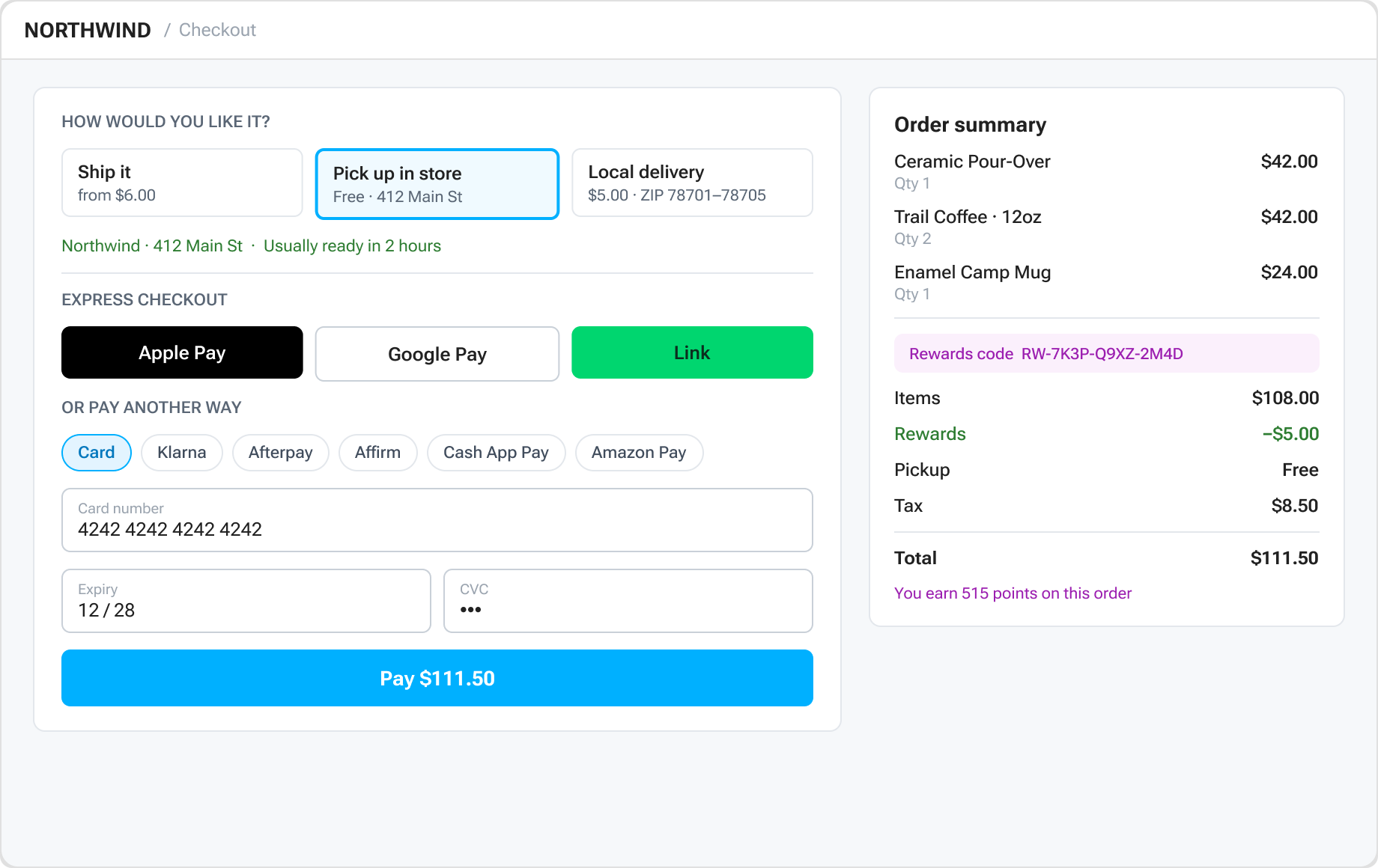 Aglyn checkout on a store's own page with shipping, pickup and local delivery, Apple Pay, Google Pay, Link, pay-later options and a rewards code