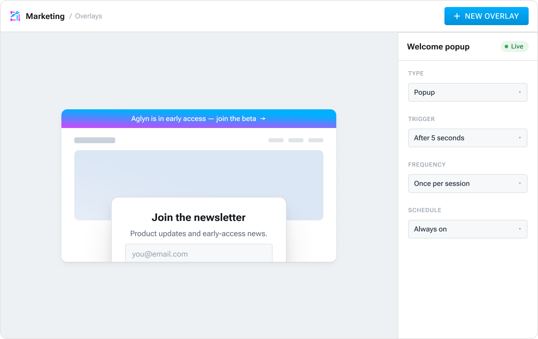 Aglyn overlay editor with popup triggers and scheduling