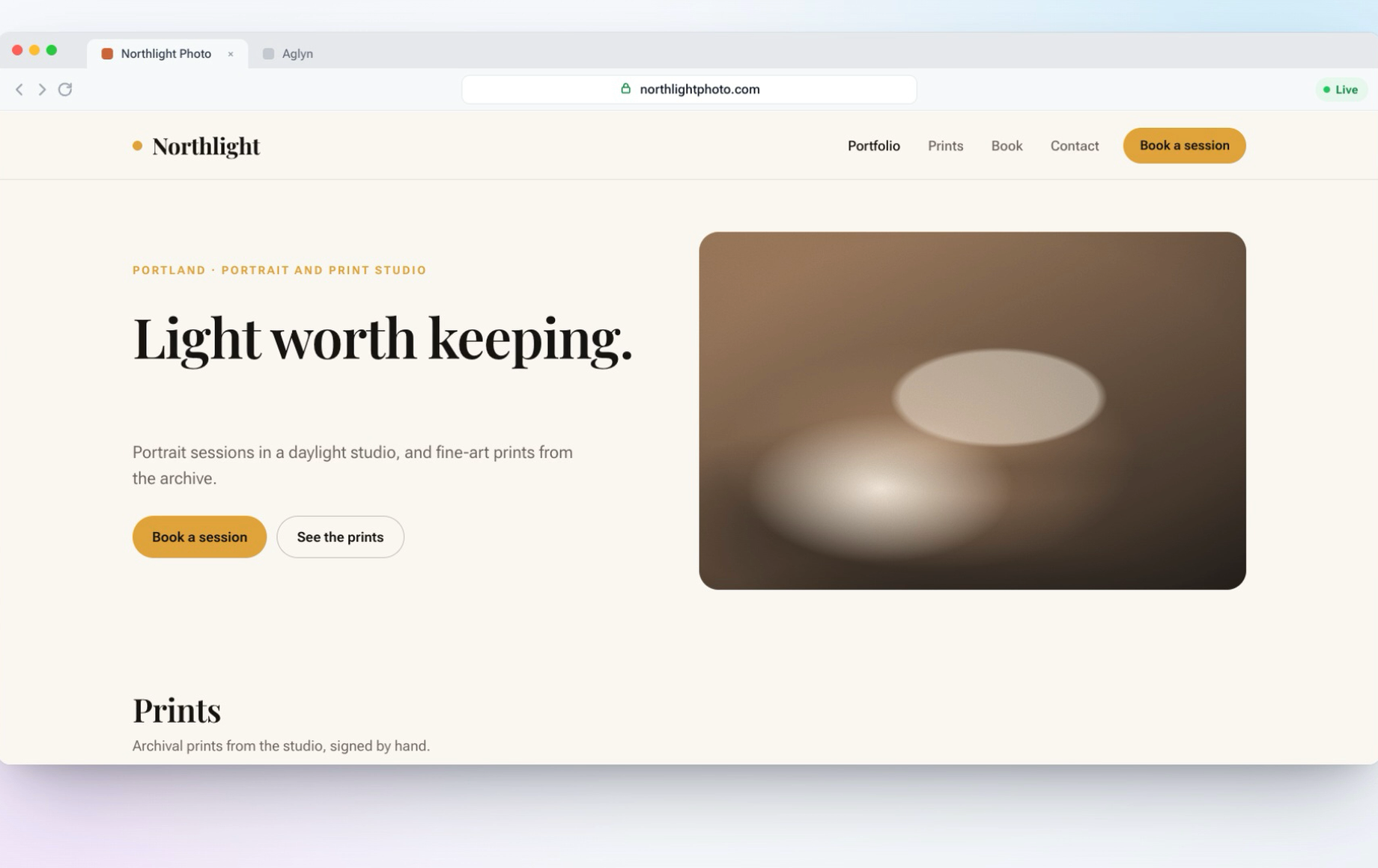 A small business website live on its own domain, built and published with Aglyn