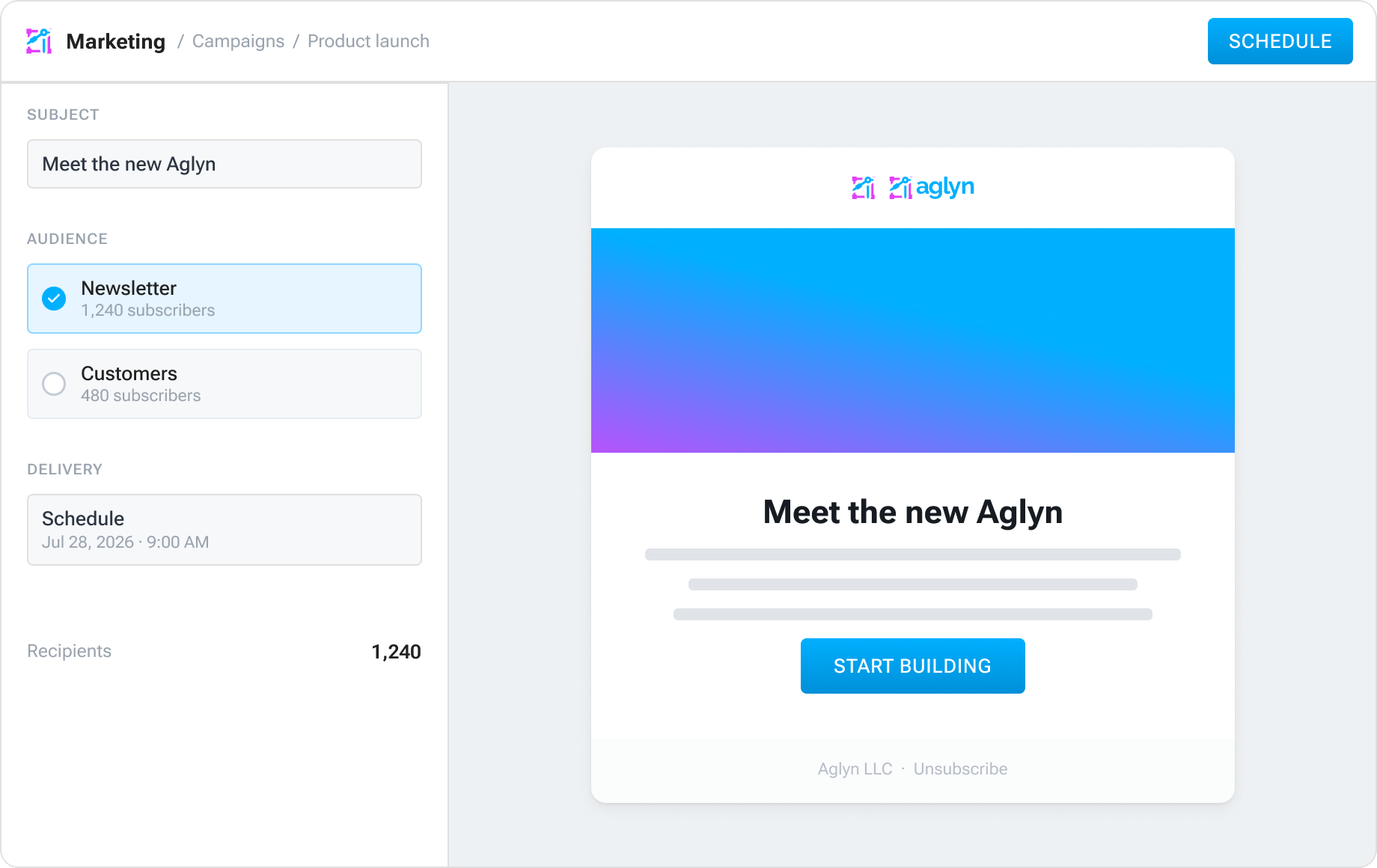 Aglyn marketing email campaign editor with audience and schedule