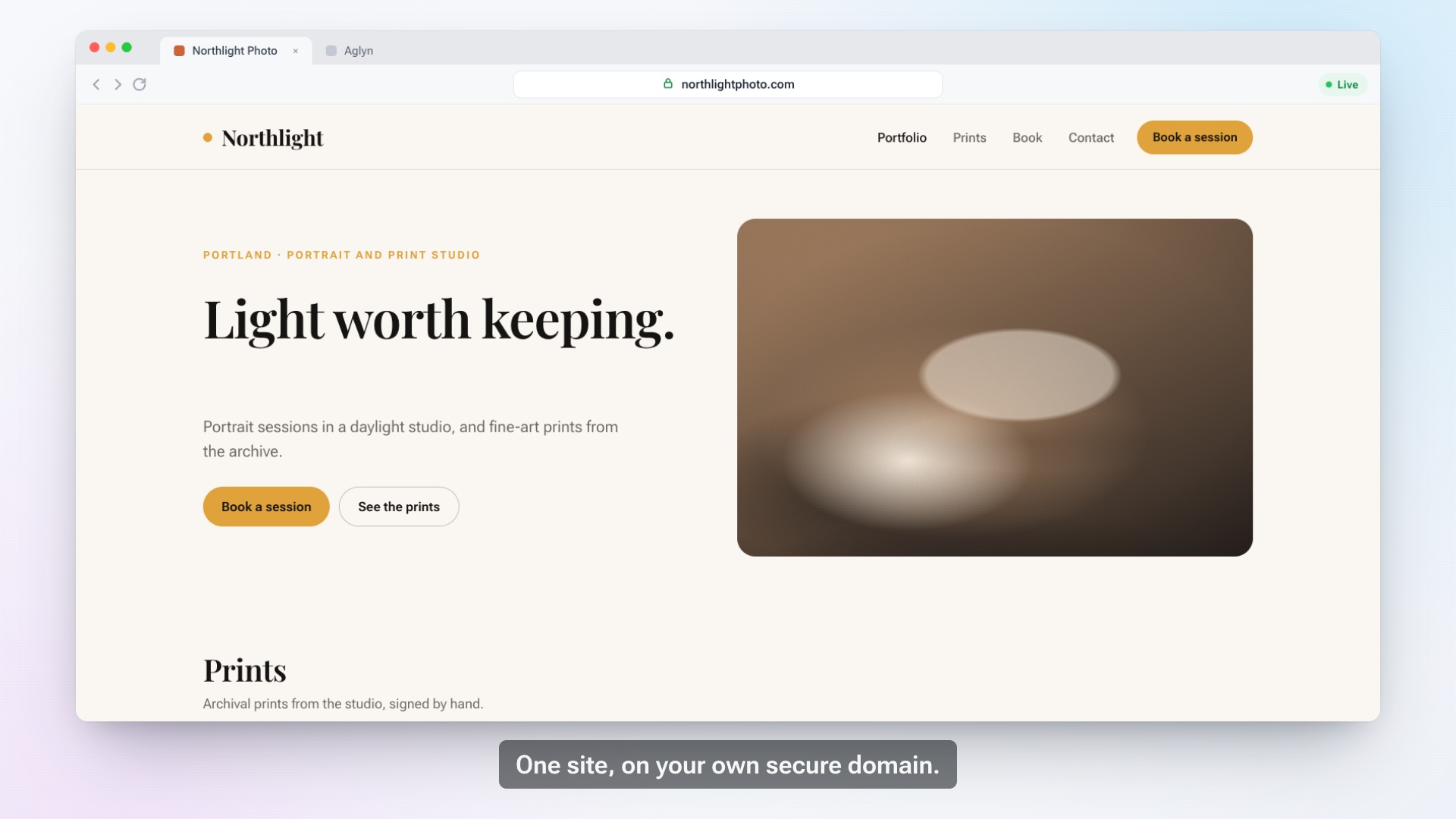 The Northlight Photo website live on its own domain, northlightphoto.com, with Book a session and See the prints buttons and the caption "One site, on your own secure domain."