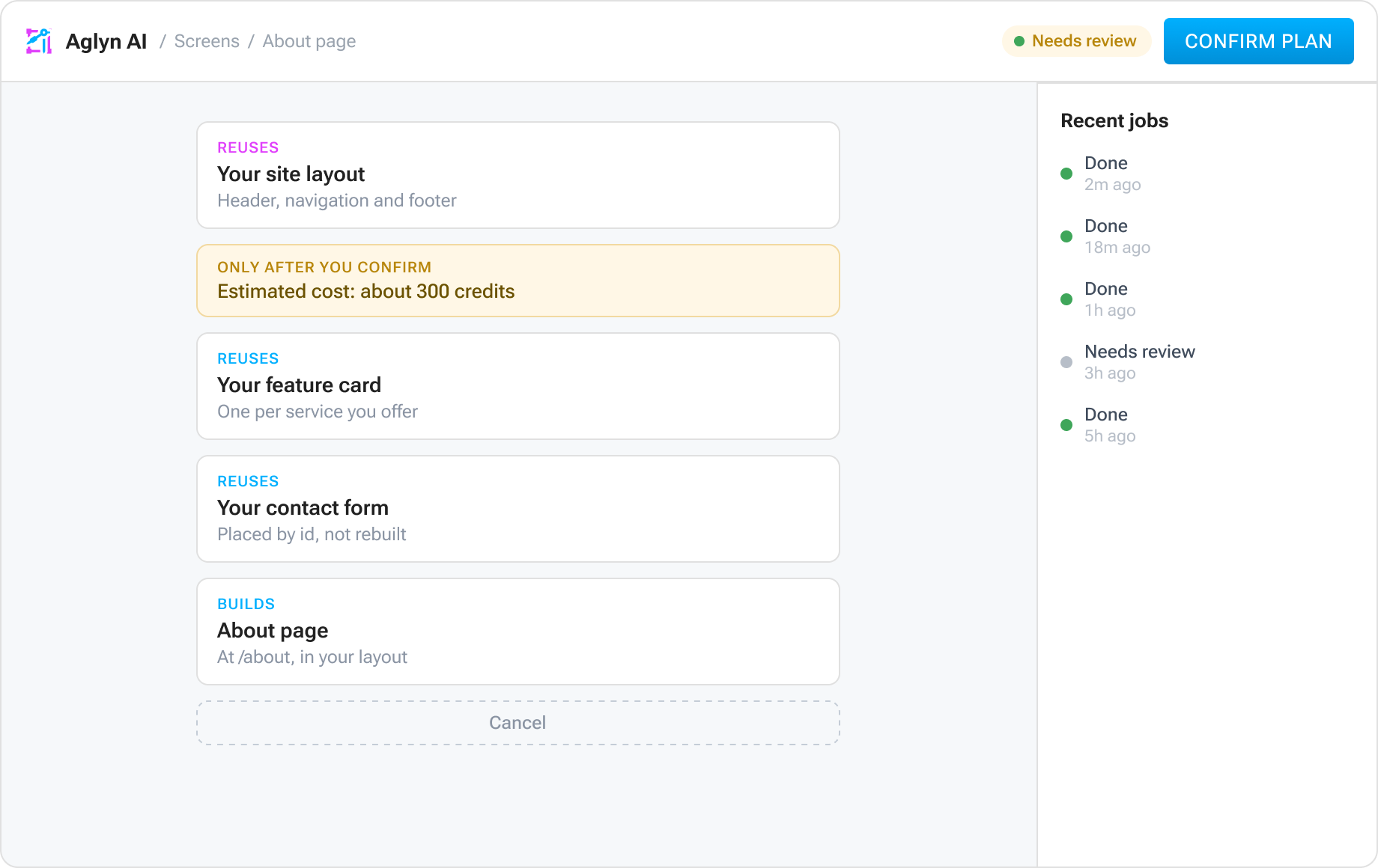 The Aglyn AI job panel in the console: a plan for an About page listing what it will reuse — your site layout, your feature card, your contact form — and what it will build, with an estimated cost of about 300 credits shown only after you confirm.